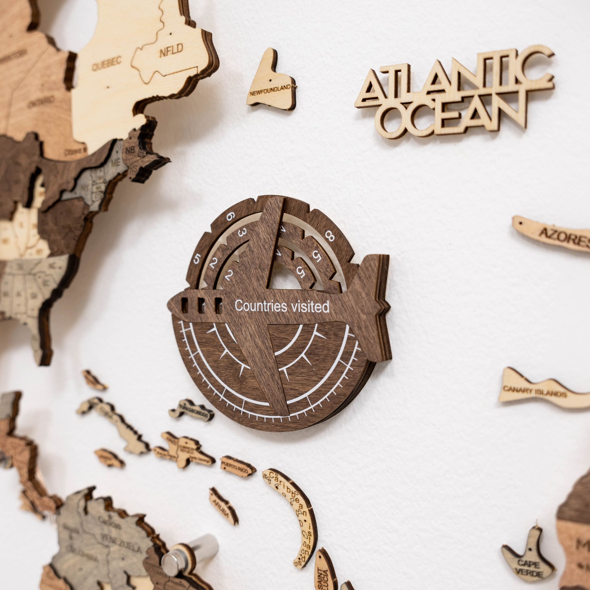 3D Wooden World Map Wall Art – Dark Walnut Travel Tracker
