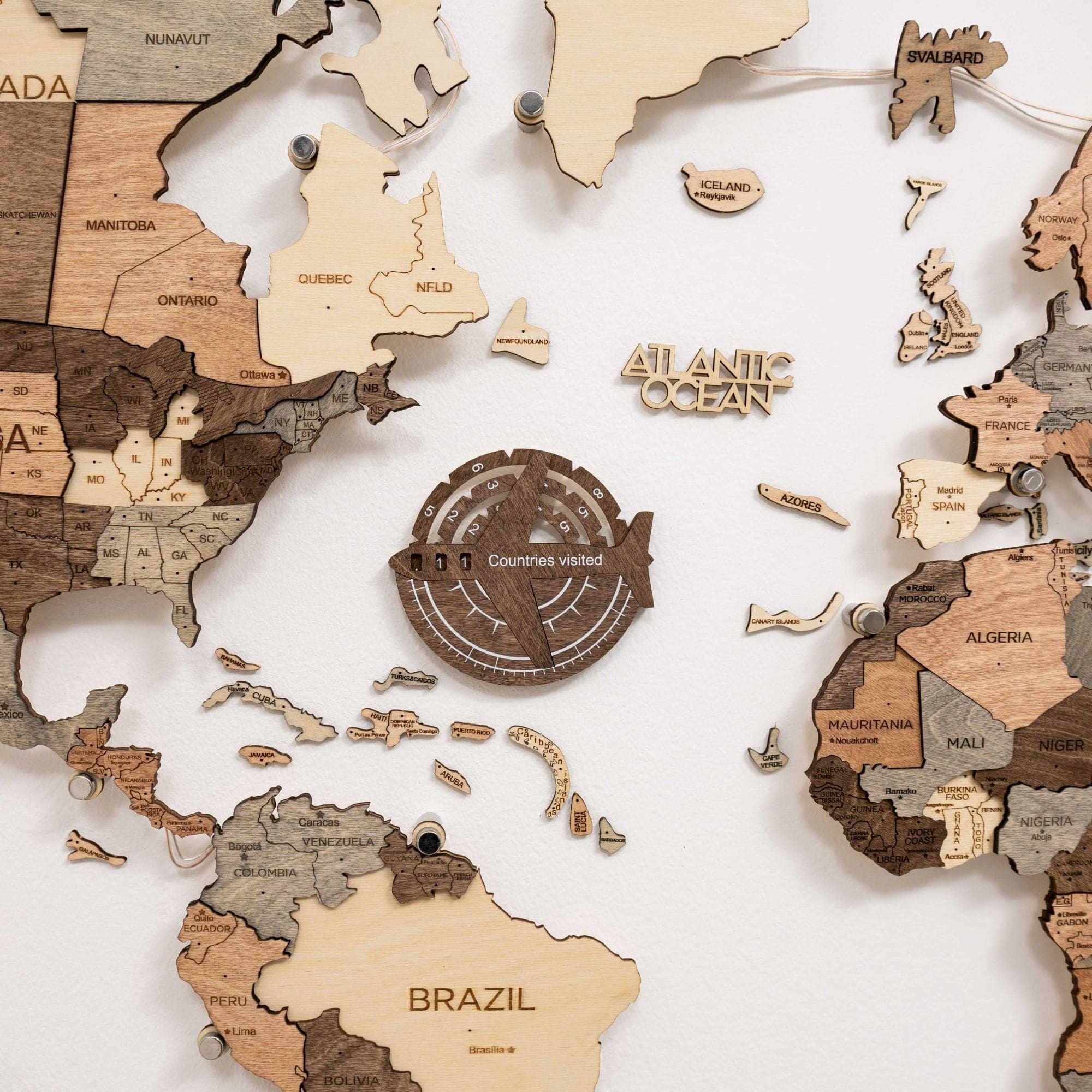 3D Wooden World Map Wall Art – Dark Walnut Travel Tracker