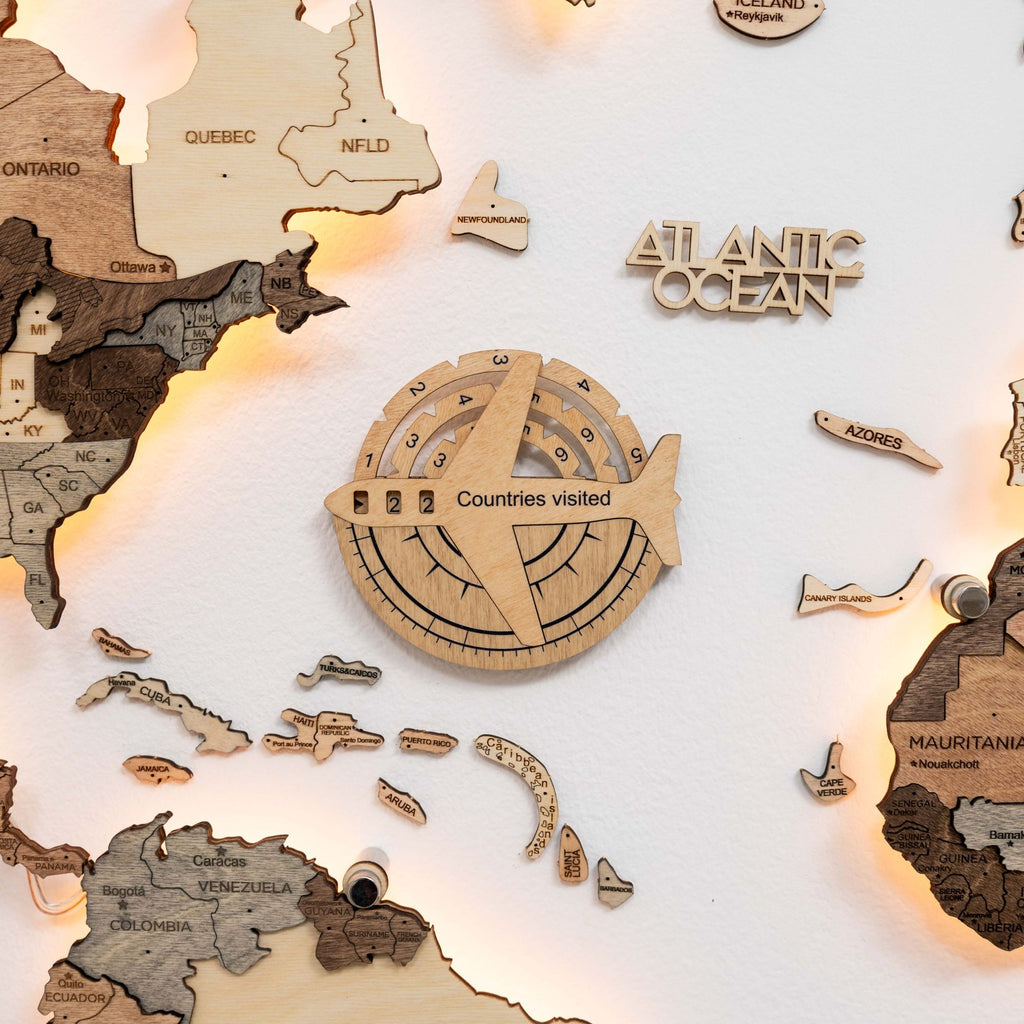 3D Wooden World Map Gold Wall Art - Interactive Travel Tracker