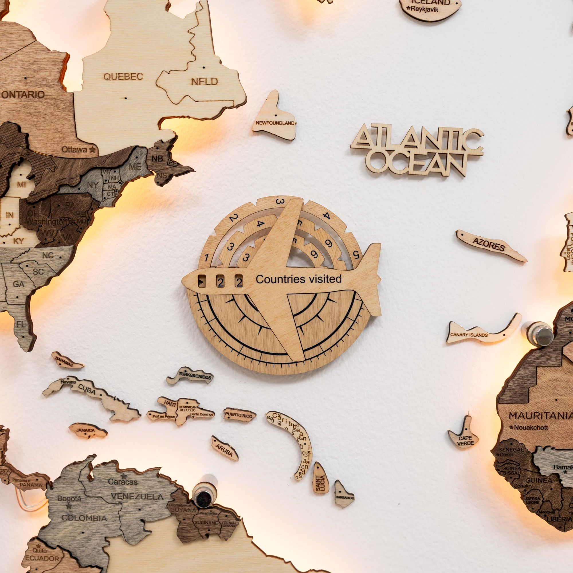 3D Wooden World Map Gold Wall Art - Interactive Travel Tracker