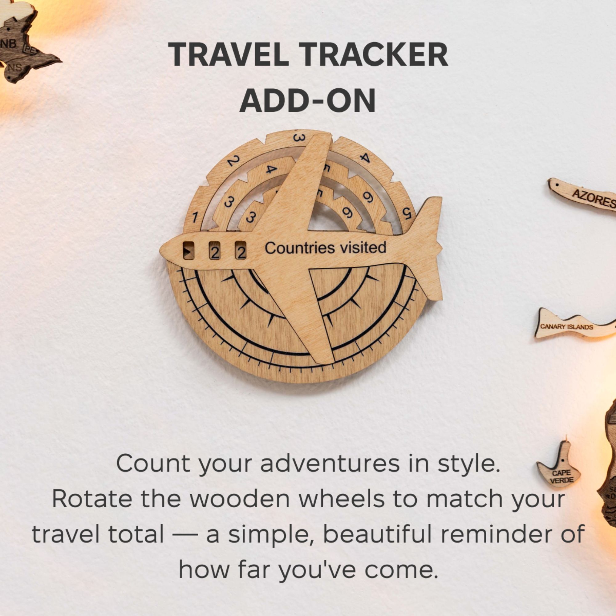 3D Wooden World Map Gold Wall Art - Interactive Travel Tracker