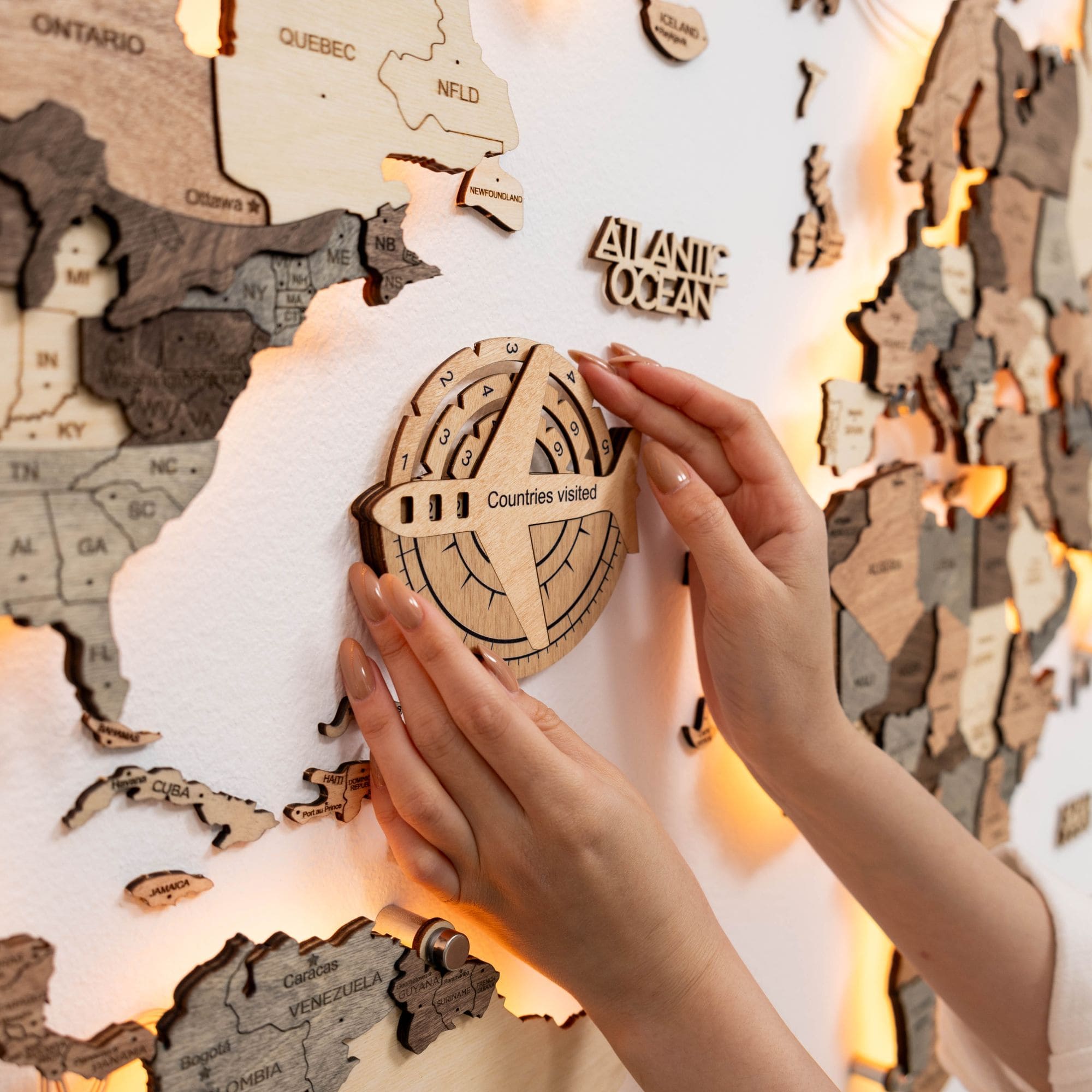 3D Wooden World Map Gold Wall Art - Interactive Travel Tracker