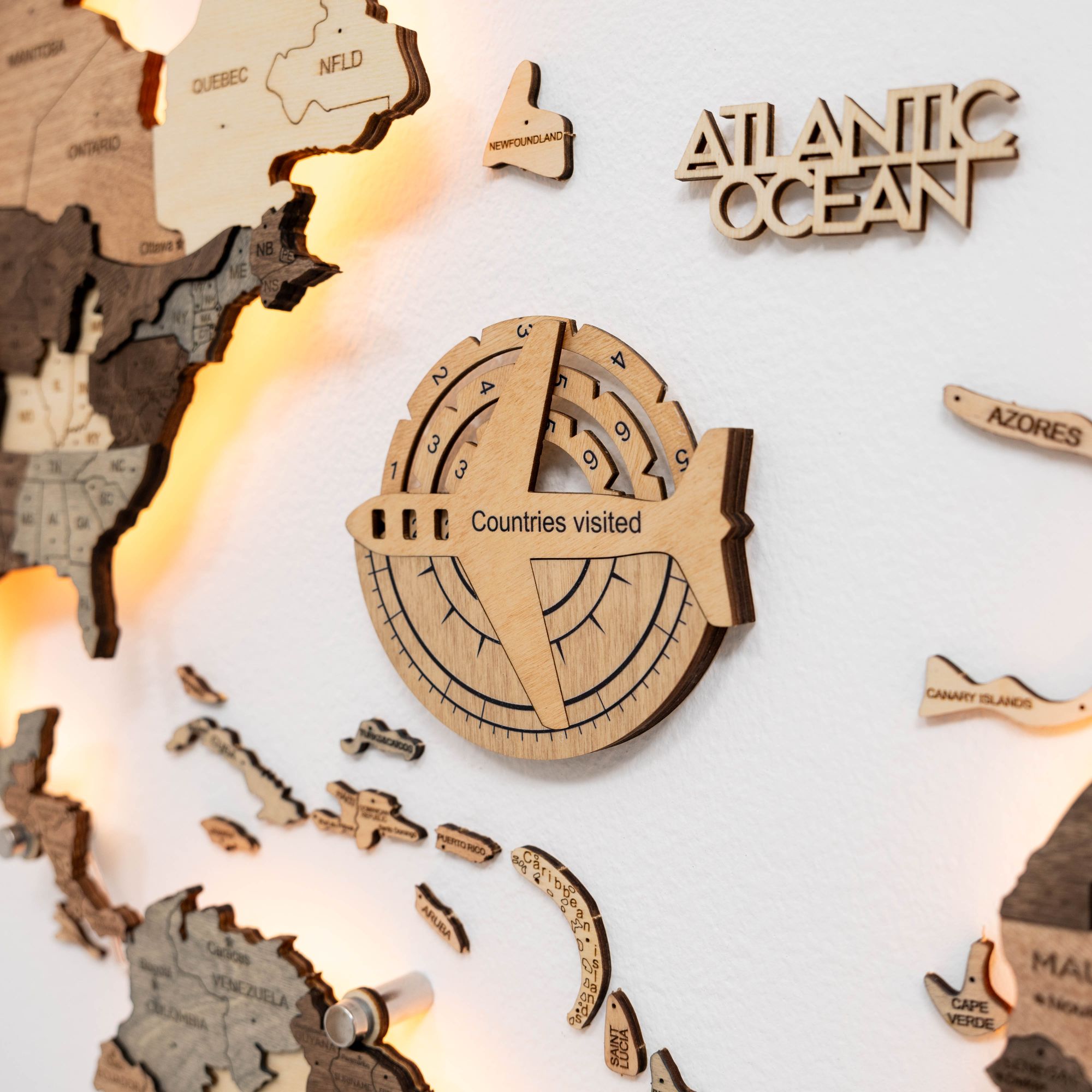 3D Wooden World Map Gold Wall Art - Interactive Travel Tracker
