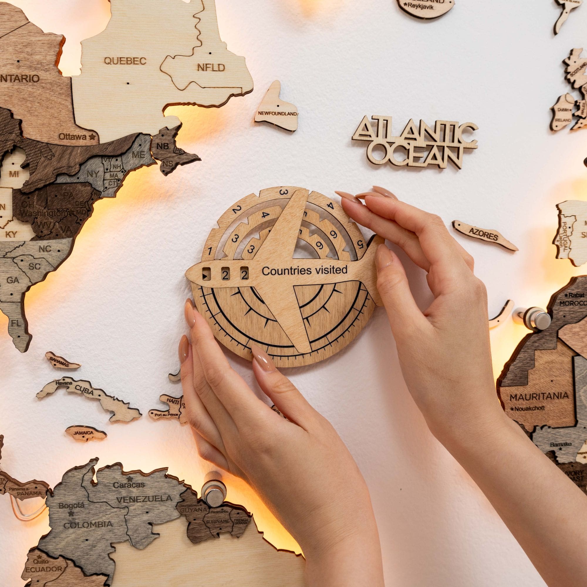 3D Wooden World Map Gold Wall Art - Interactive Travel Tracker