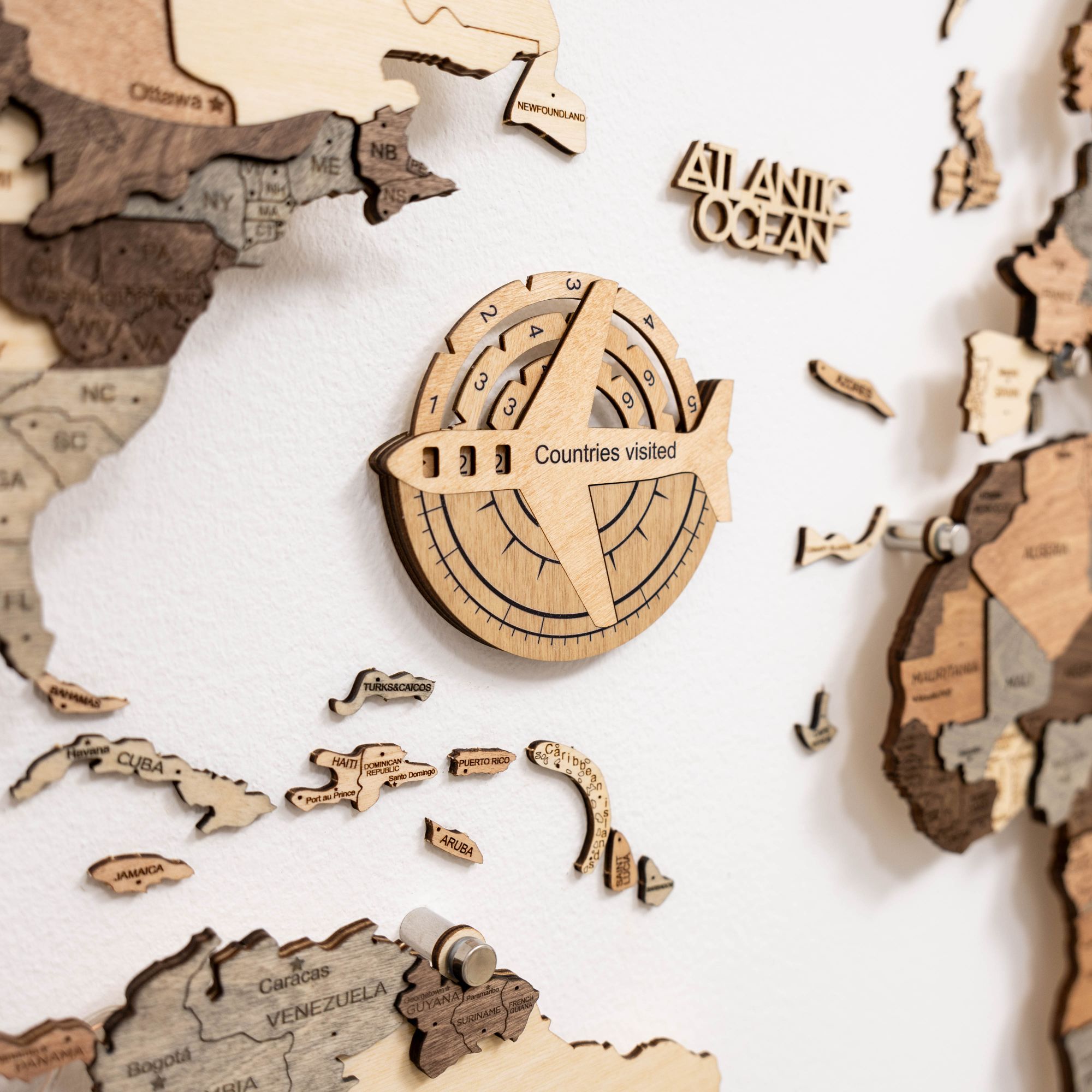 3D Wooden World Map Gold Wall Art - Interactive Travel Tracker