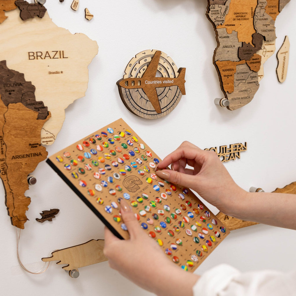 3D Wooden World Map Wall Art – Multicolor Travel Tracker Decor