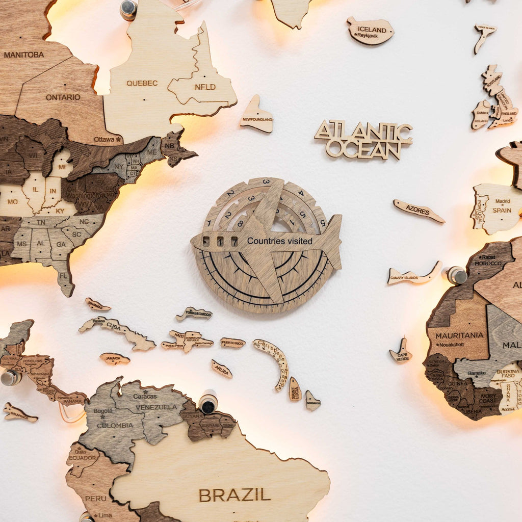 3D Wooden World Map Travel Tracker Modern Minimalist Wall Art
