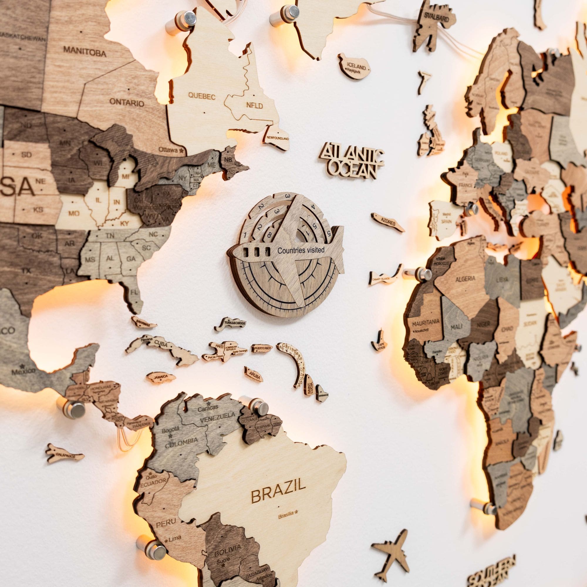 3D Wooden World Map - Terra: Interactive Travel Tracker Wall Art