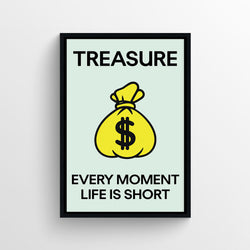Mint green poster featuring bold black text and a bright yellow money-bag graphic.