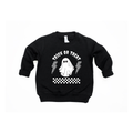 Trick or Treat lightning bolt graphic pullover in black and white, suitable for children.