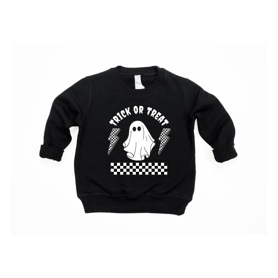 Trick or Treat lightning bolt graphic pullover in black and white, suitable for children.