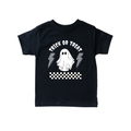 Kids wearing a Trick or Treat lightning bolt graphic tee in black and beige