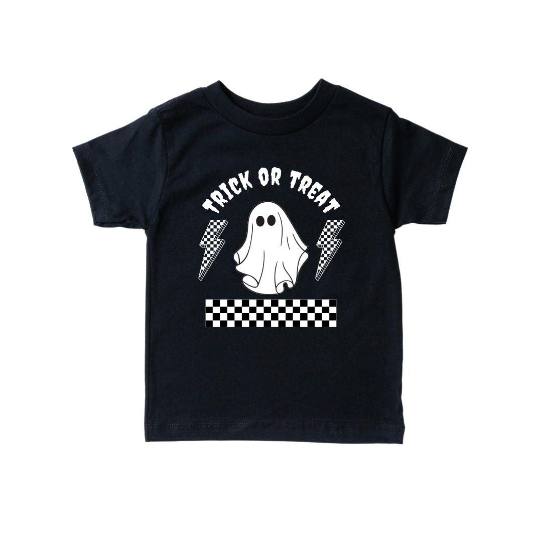 Kids wearing a Trick or Treat lightning bolt graphic tee in black and beige