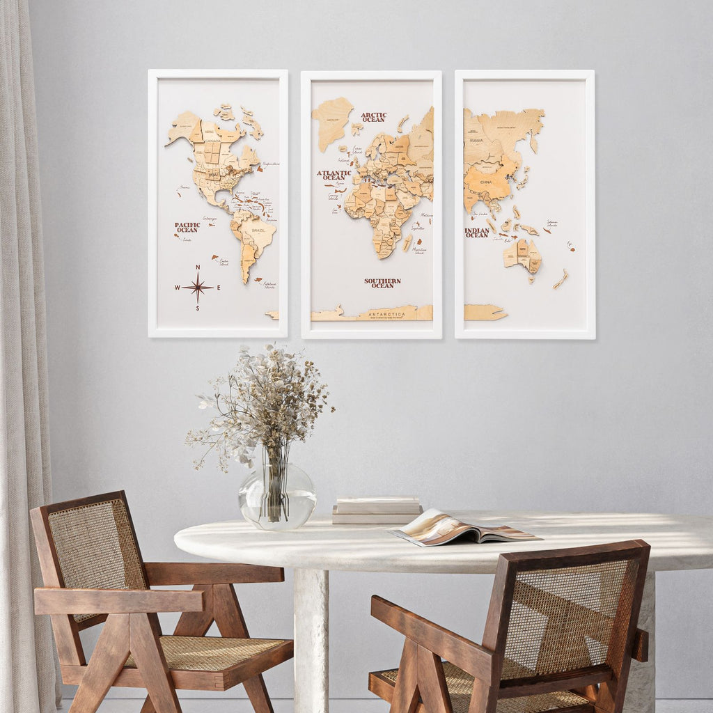 3D Wooden Triptych World Map Gold Wall Art Decor