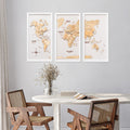 3D Wooden Triptych World Map Gold Wall Art Decor