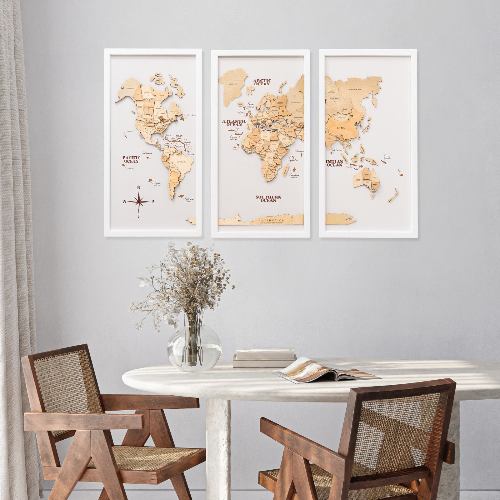 3D Wooden Triptych World Map Gold Wall Art Decor