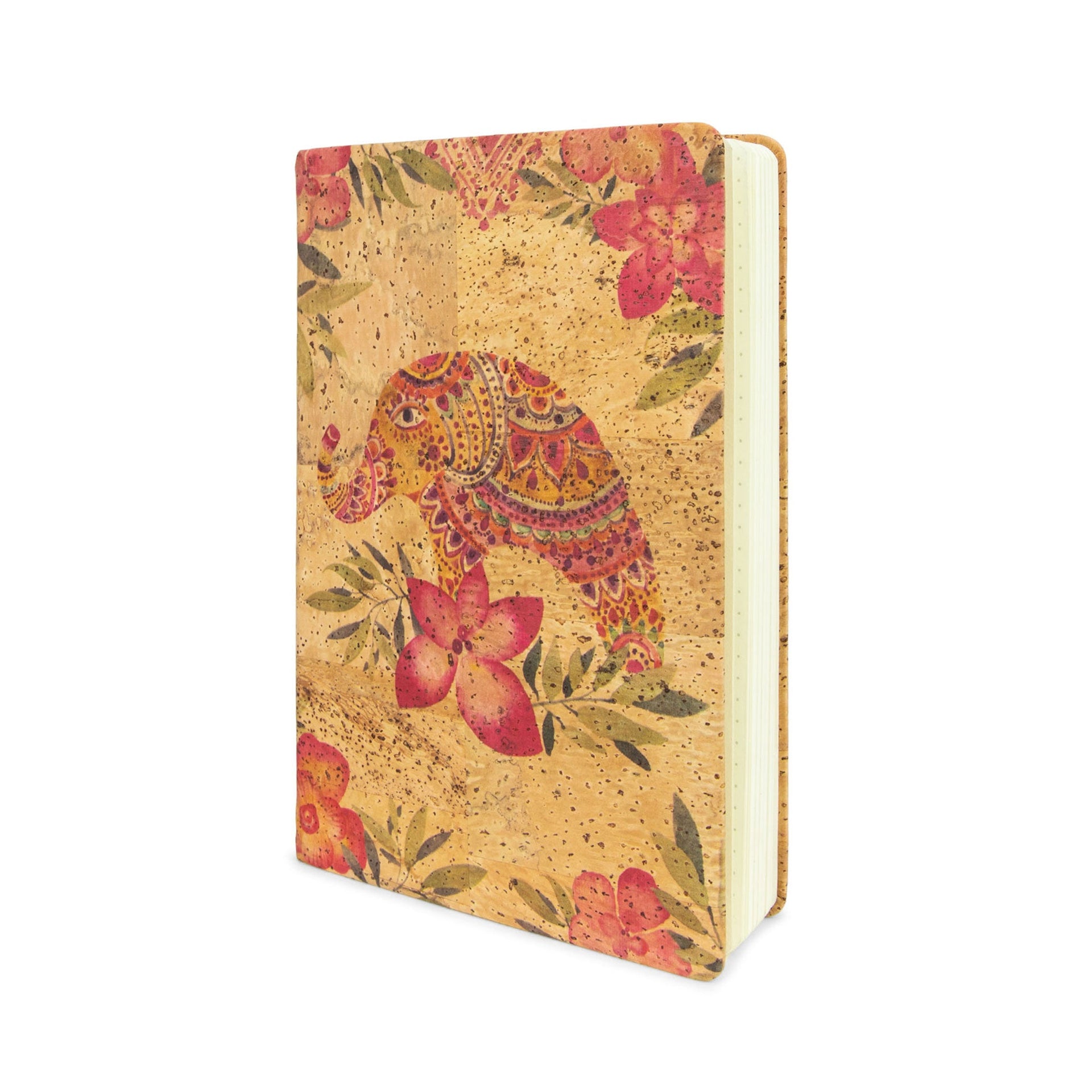 A5 cork journal with vibrant tropical elephant and floral patterns in pink, orange, and green.