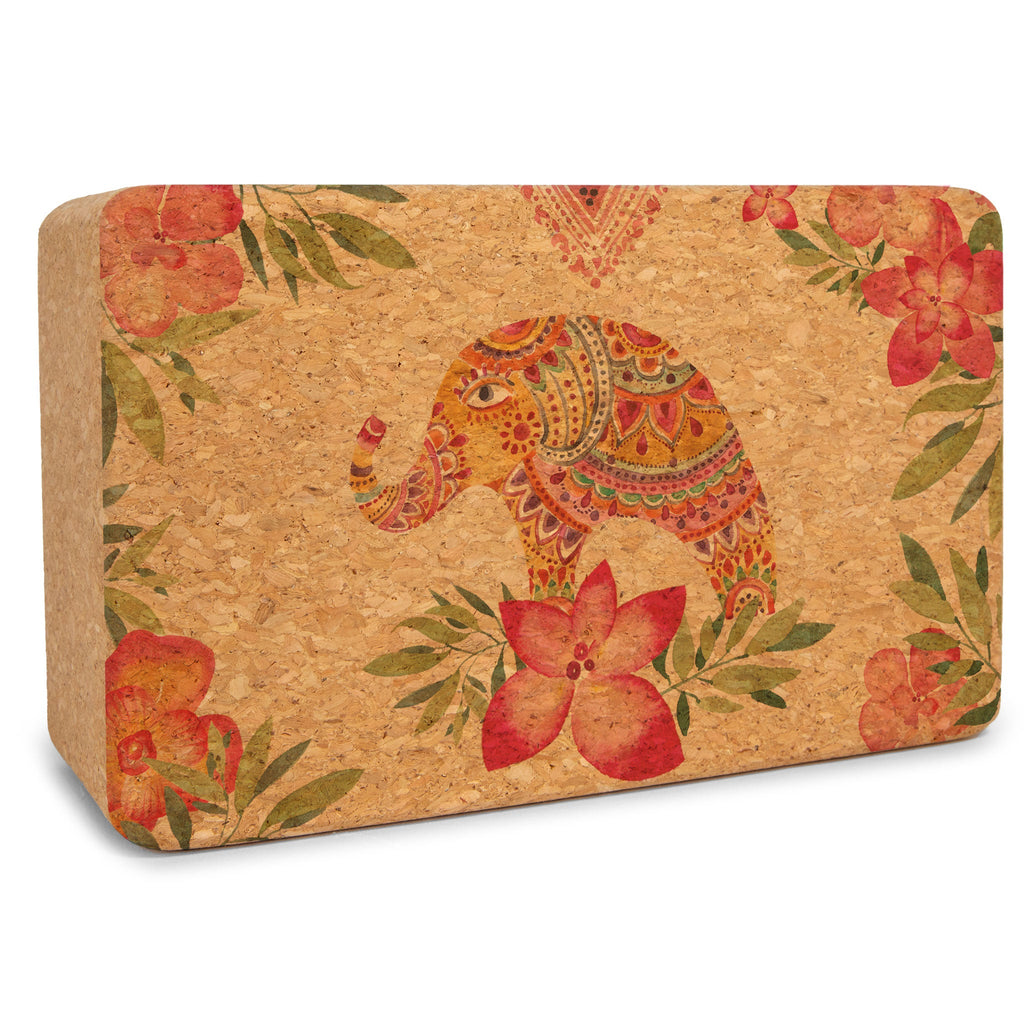 Tropical Vibes cork yoga block with a lotus tree figure logo.