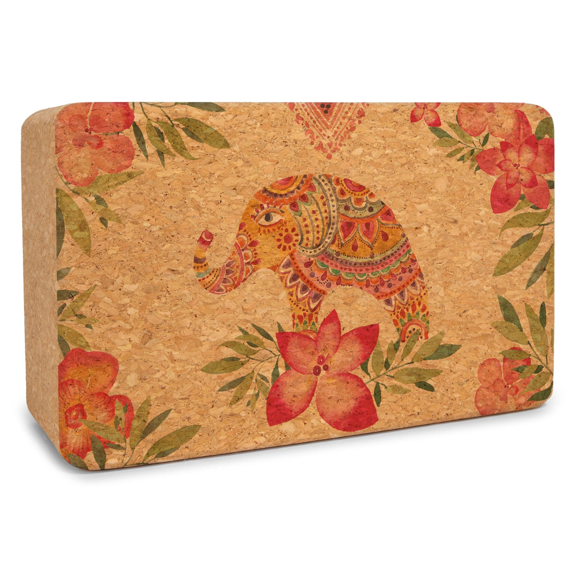 Tropical Vibes cork yoga block with a lotus tree figure logo.