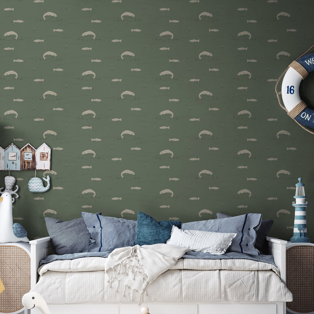 Trout Animal Print Removable Wallpaper in Dark-Green & Brown