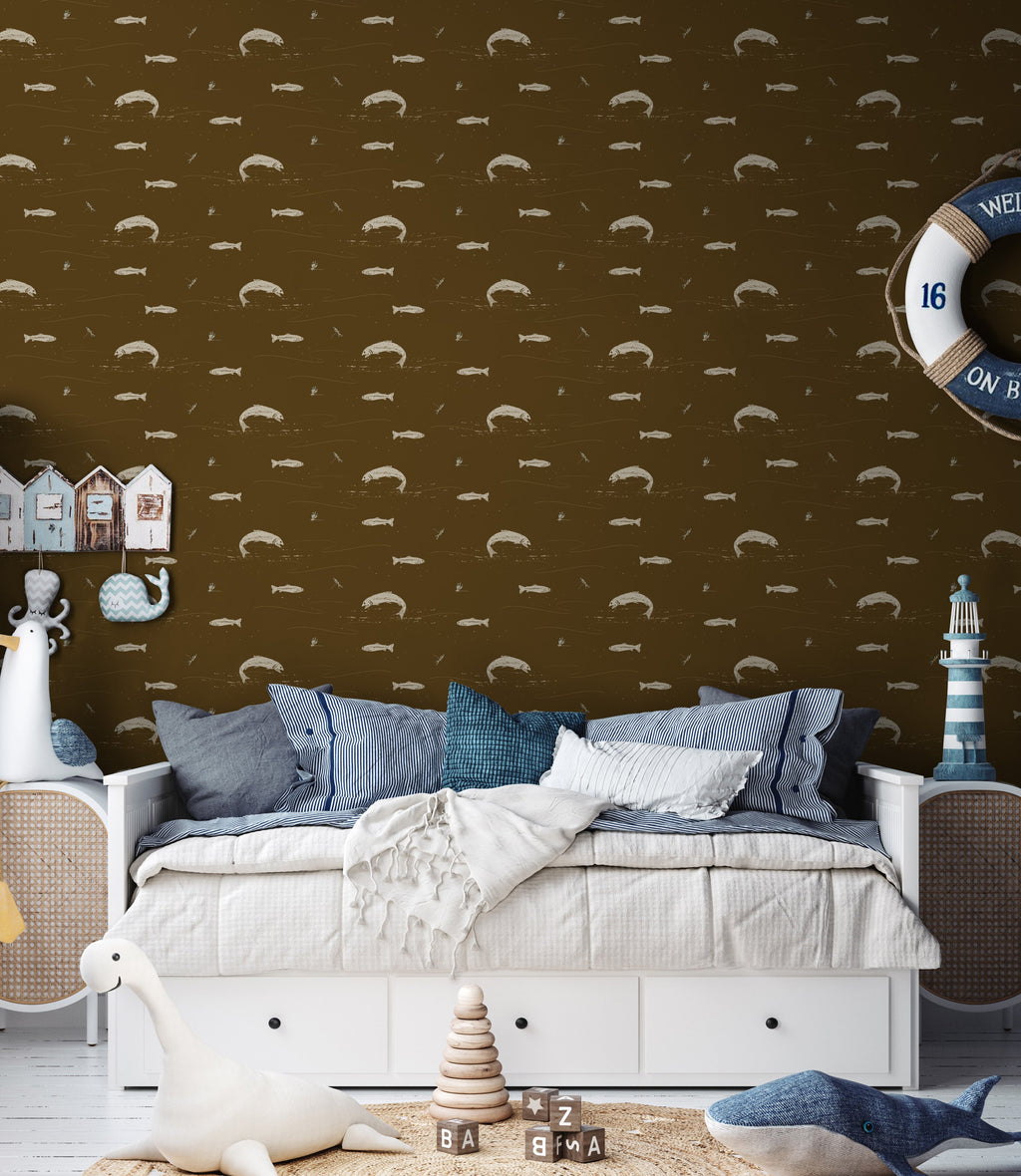 Trout Animal Print Removable Wallpaper in Dark-Green & Brown