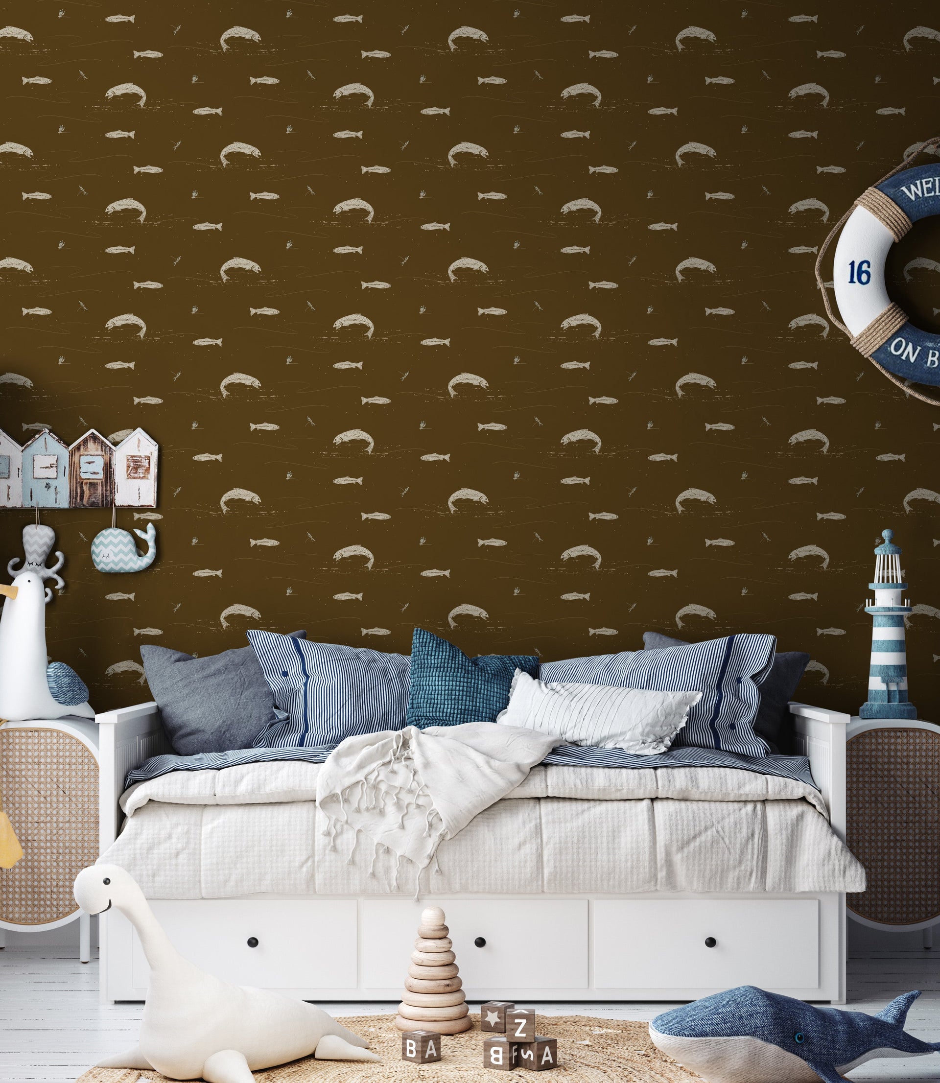 Trout Animal Print Removable Wallpaper in Dark-Green & Brown