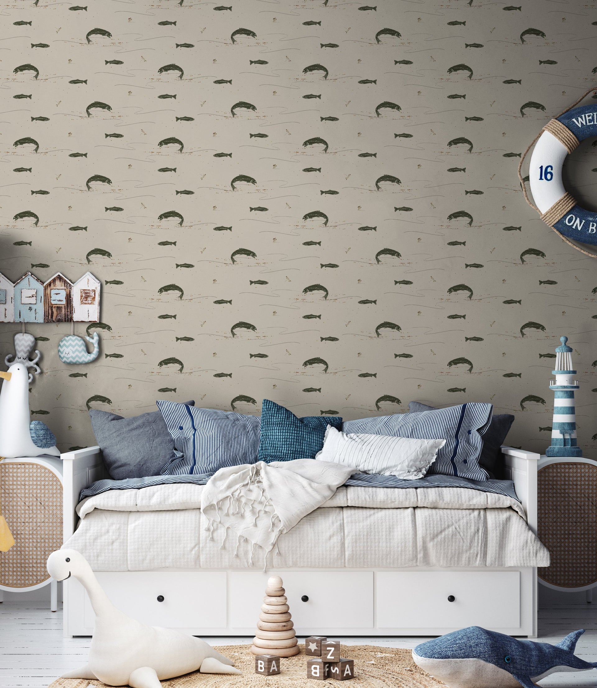 Trout Animal Print Removable Wallpaper in Dark-Green & Brown