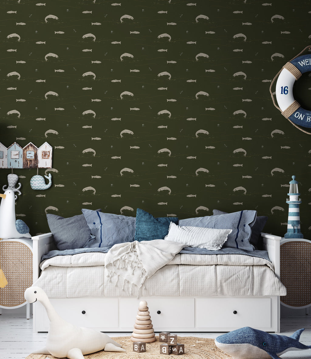 Trout Animal Print Removable Wallpaper in Dark-Green & Brown