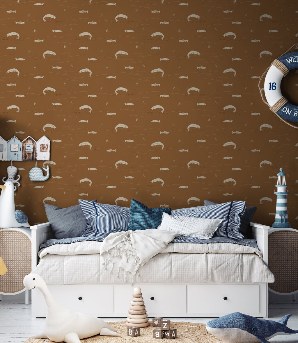 Trout Animal Print Removable Wallpaper in Dark-Green & Brown