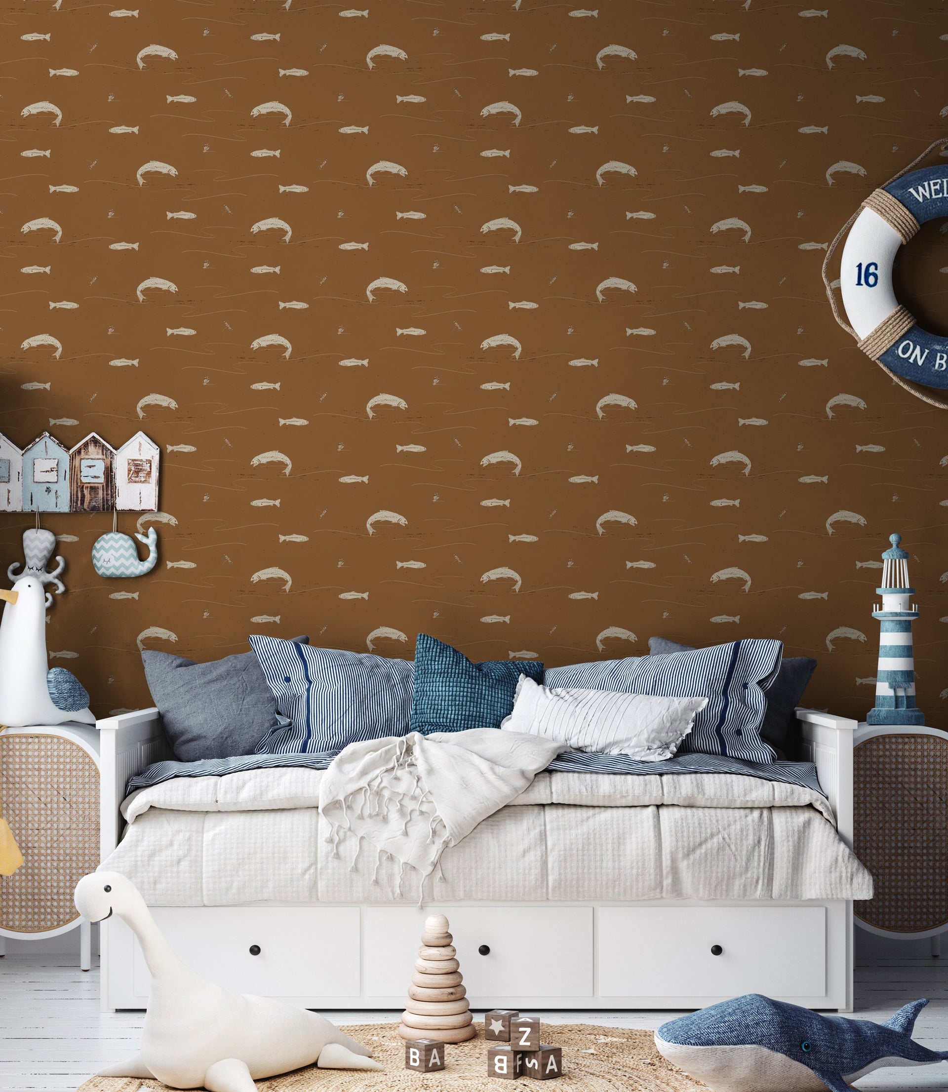 Trout Animal Print Removable Wallpaper in Dark-Green & Brown