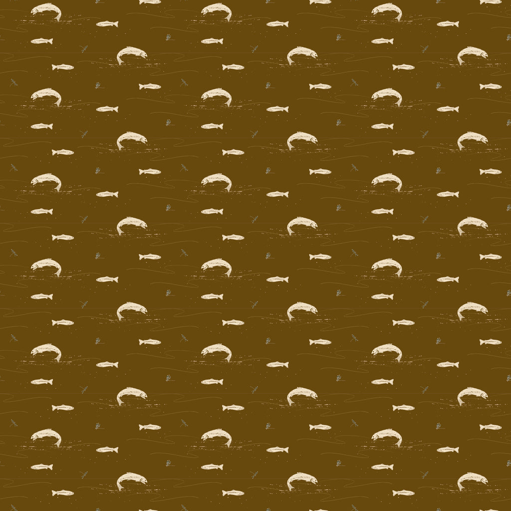 Trout Animal Print Removable Wallpaper in Dark-Green & Brown