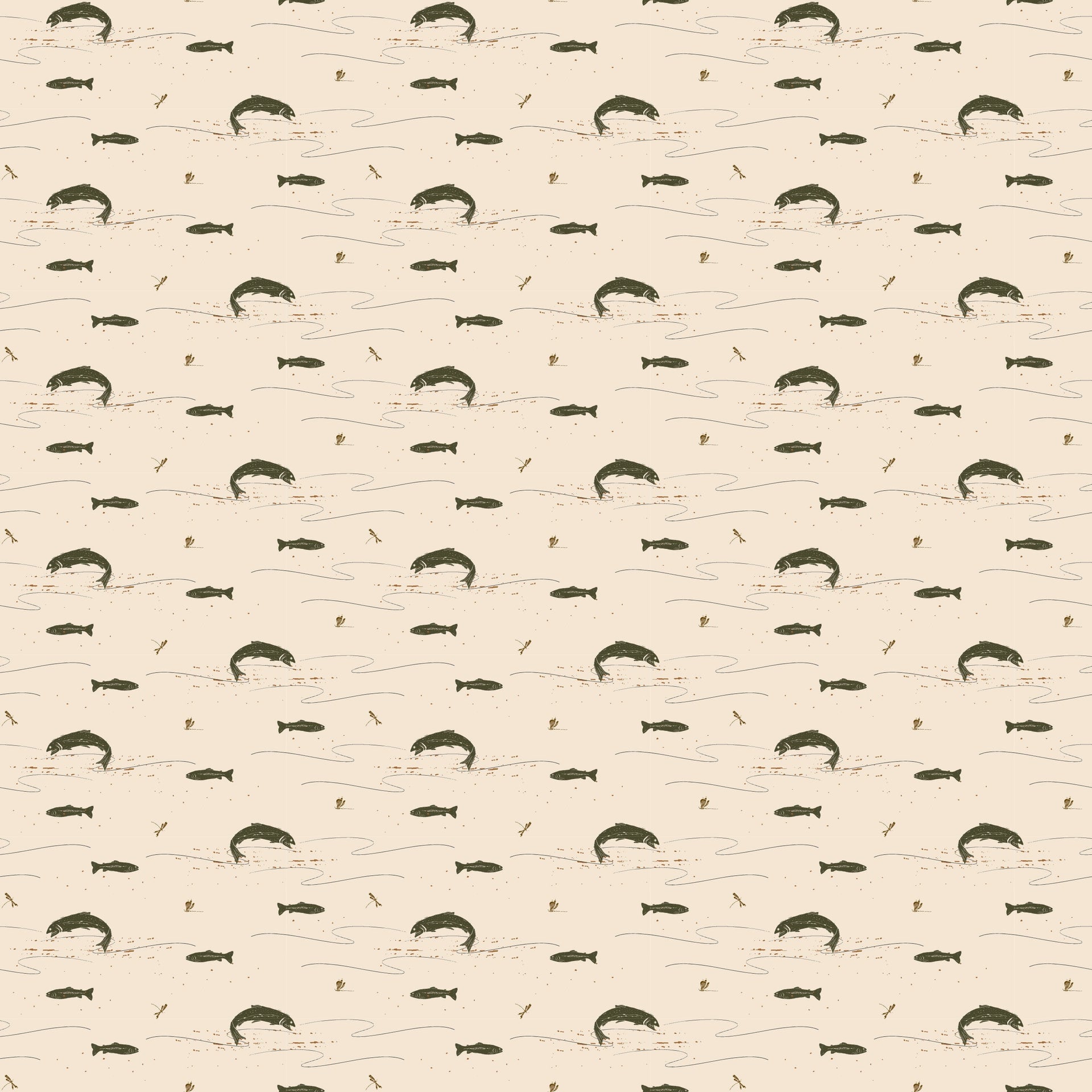 Trout Animal Print Removable Wallpaper in Dark-Green & Brown