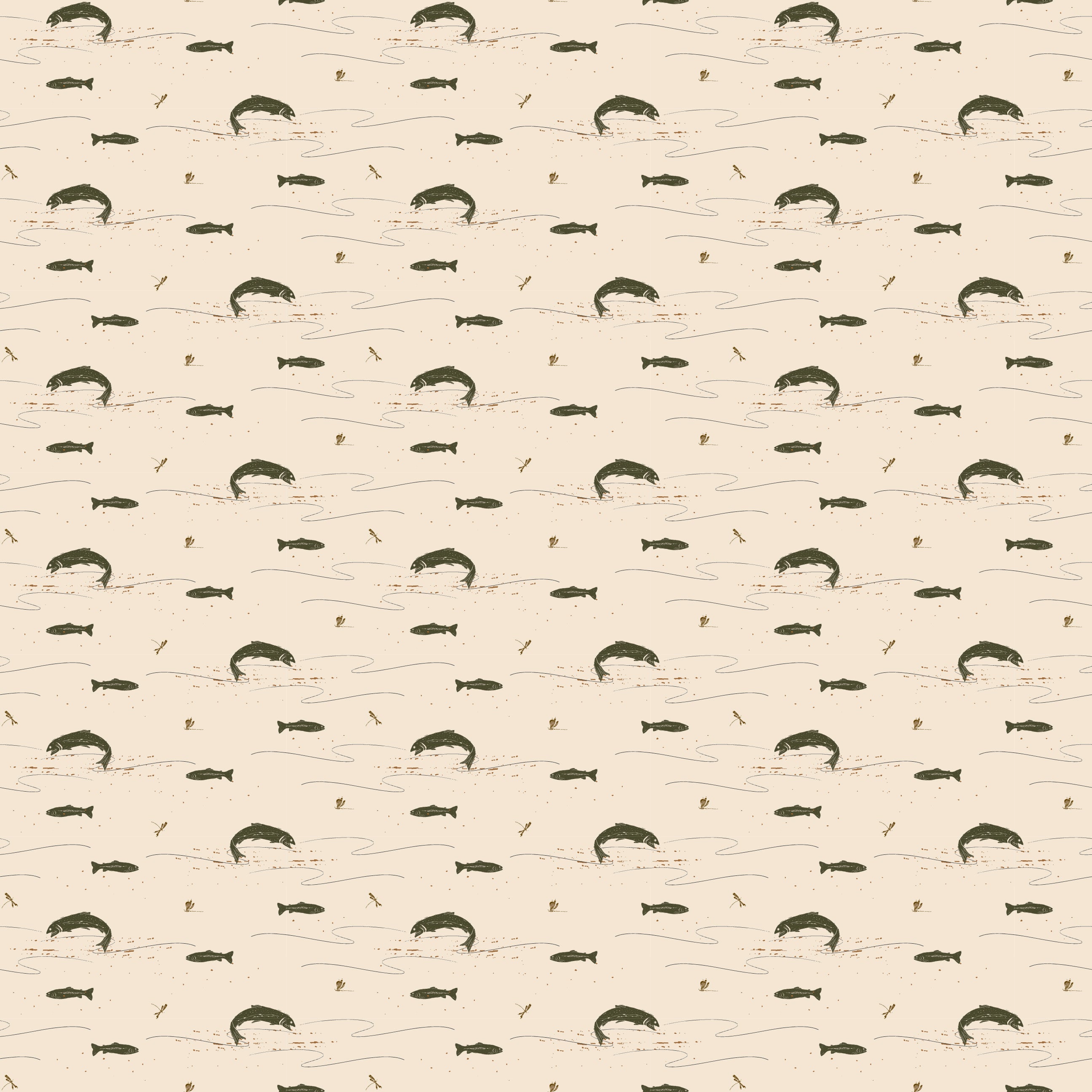 Trout Animal Print Removable Wallpaper in Dark-Green & Brown