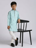 Boys Teal Blue silk kurta with sequence embroidery paired with matching pyjamas
