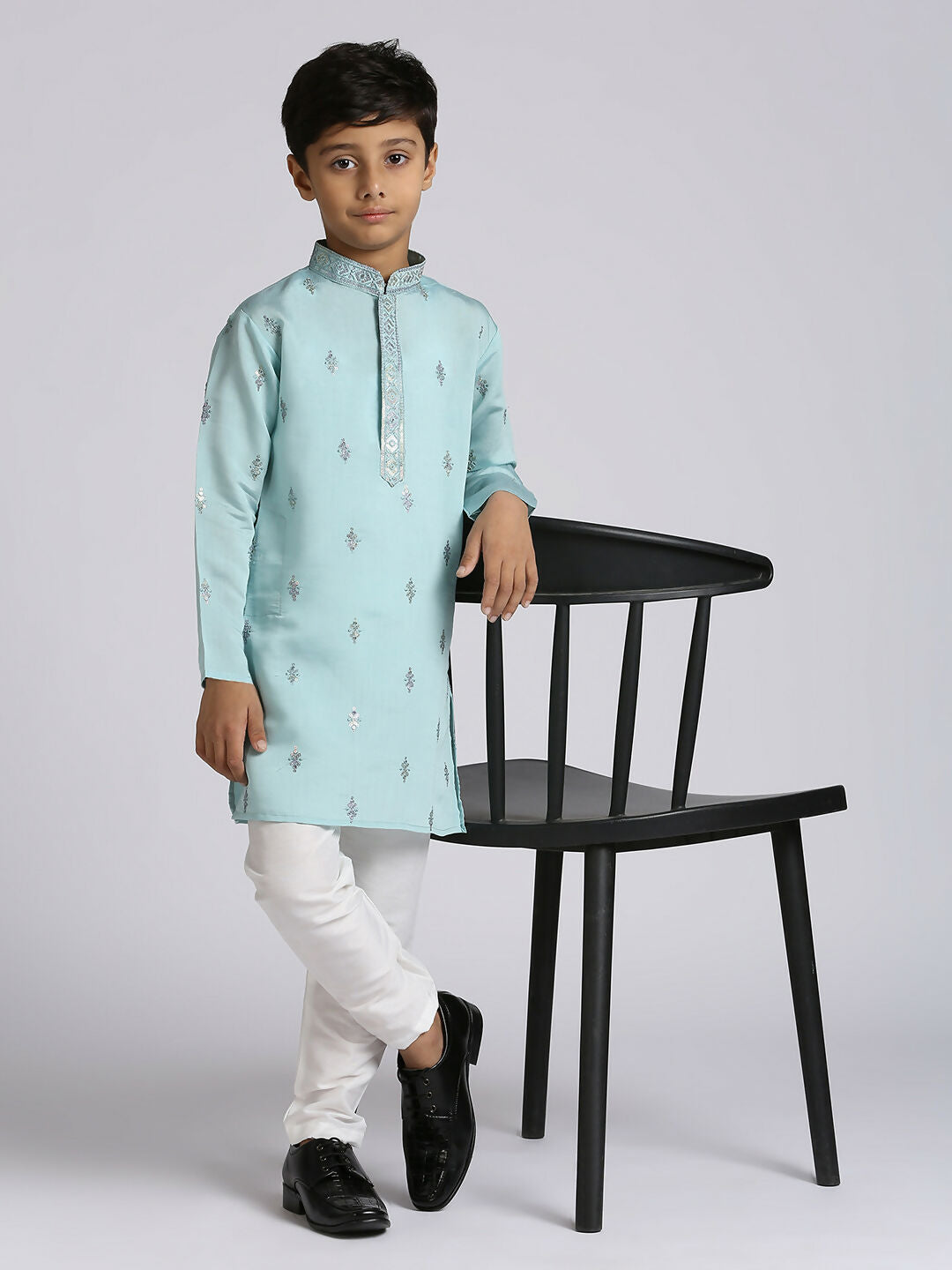 Boys Teal Blue silk kurta with sequence embroidery paired with matching pyjamas