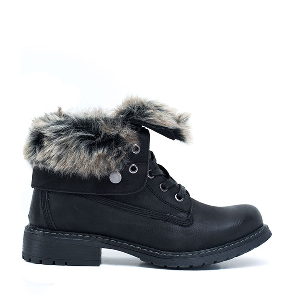 Trudie Black Combat Bootie | Faux Fur Collar