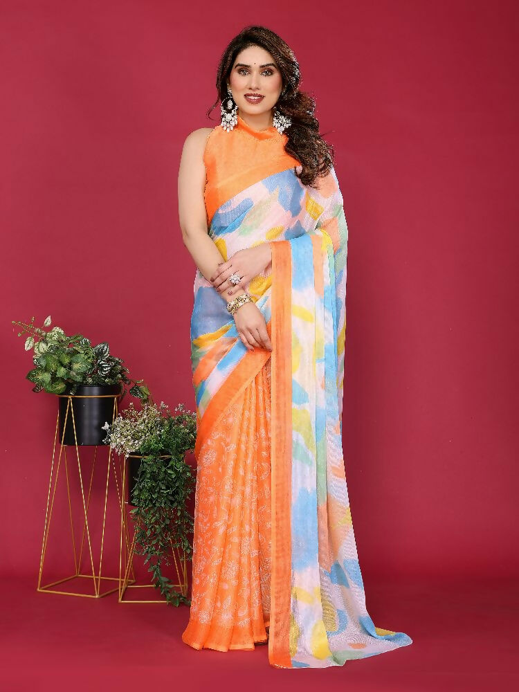 Orange Moss Chiffon Printed Saree with Matching Blouse