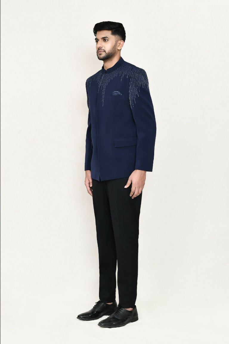Blue Terry Rayon Prince Coat with Matching Pant Set