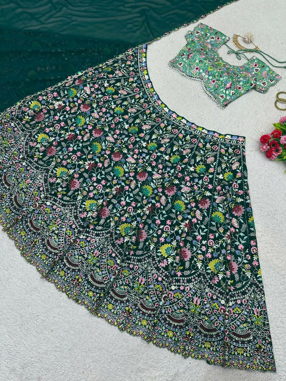 Bottle Green Faux Georgette Lehenga Choli with Sequins Embroidery