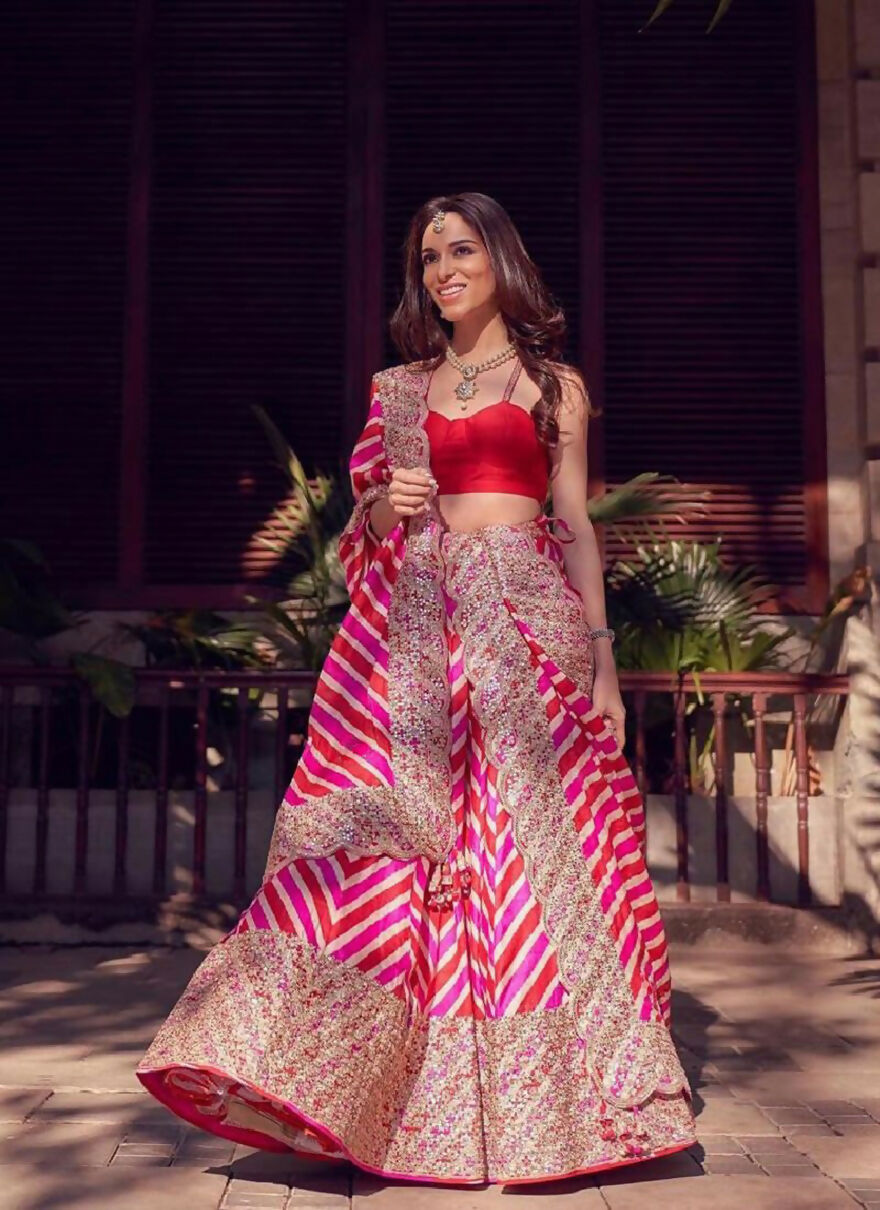Red & Pink Digital Print Georgette Sequin Embroidered Lehenga