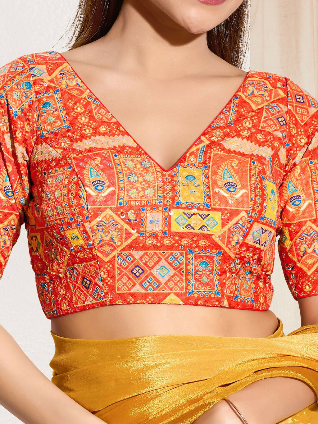 Joban Fashion Orange Viscose Rayon Padded Blouse With V Neck Elbow Sleeves