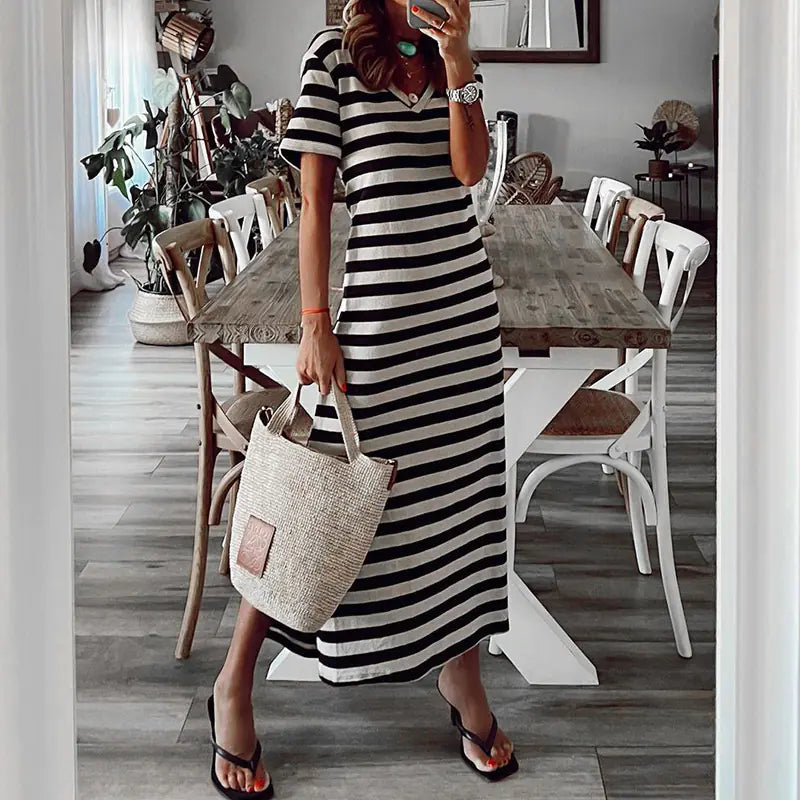 Women's V-Neck Striped Loose Maxi Dress with Side Slit - Image 23