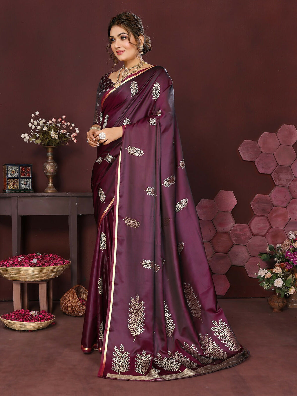 Wine Banarasi Silk Saree with Floral Motifs