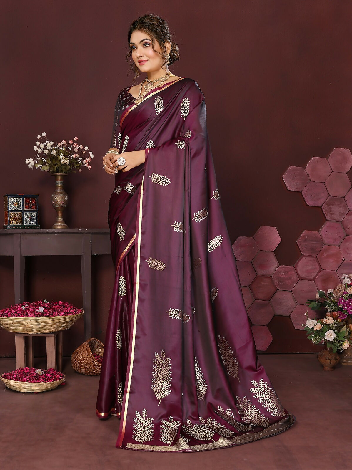 Wine Banarasi Silk Saree with Floral Motifs