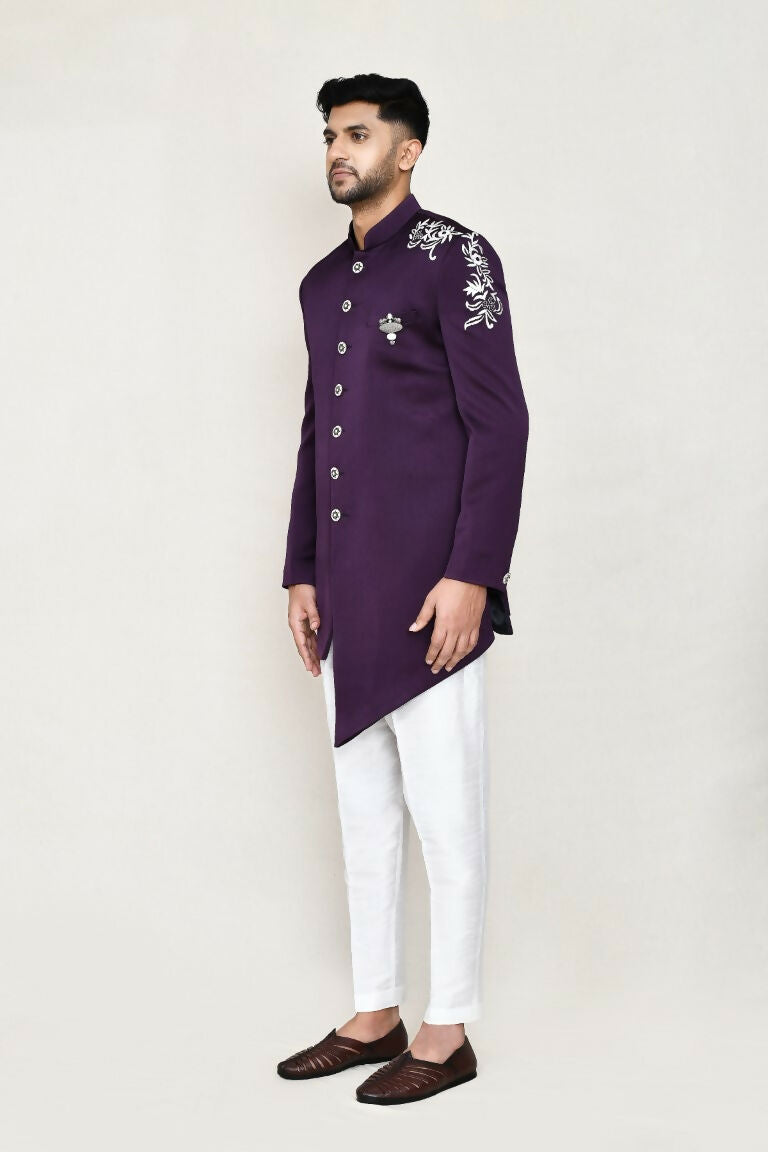 Purple Polyester Indo Western Set with Straight Fit Pant