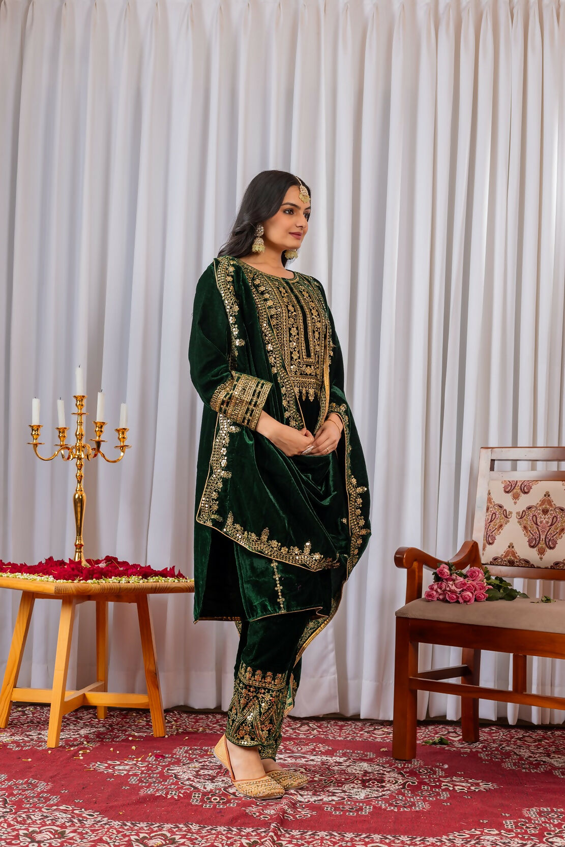Green Velvet Kurta Set with Intricate Sequence Embroidery