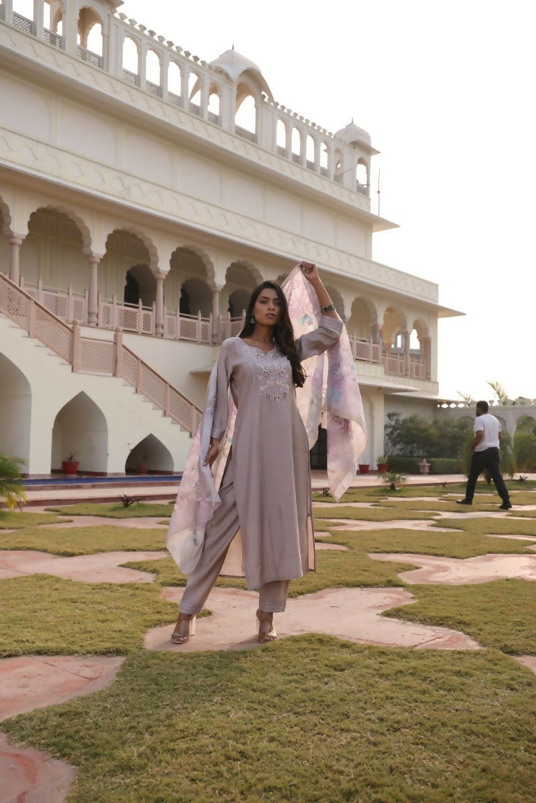 Women's beige cotton silk floral kurta with hand embroidery details