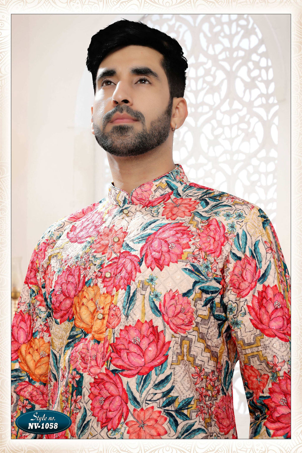 Men's Cream Silk Straight Kurta Set with Thread and Sequence Work
