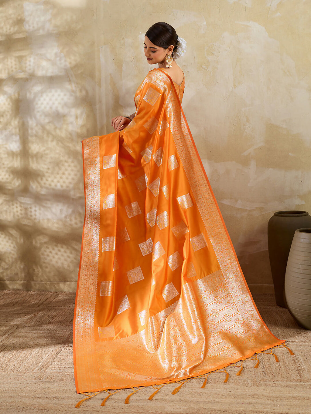 Orange Silk Blend Saree with Matching Blouse Set