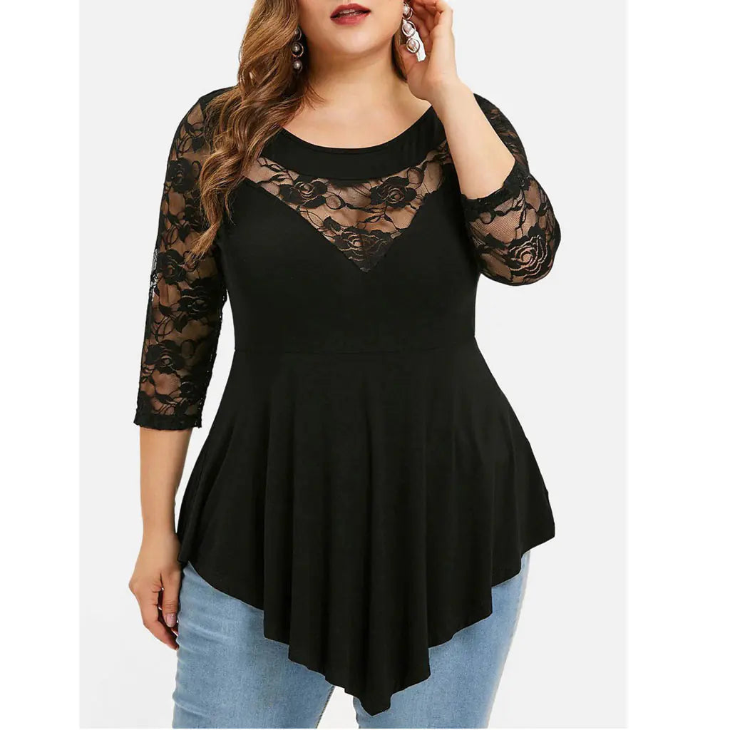 Spring Plus Size Floral Lace Top with Sheer Hem